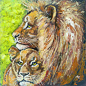 Картины и панно handmade. Livemaster - original item Painting Lion and lioness 25h25 cm. Couple Animal Oil. Handmade.