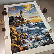 Картины и панно ручной работы. Ярмарка Мастеров - ручная работа Painting embroidered with a cross Lighthouse on a rock. Handmade.