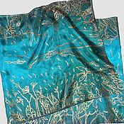 Платок "Море бирюзы" из натурального шелка  с росписью