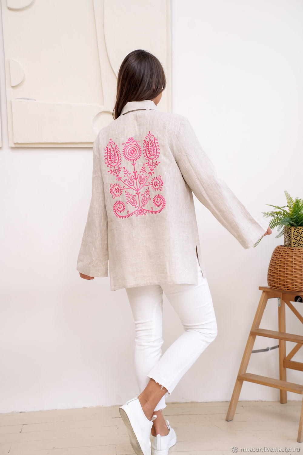 Linen Shirt natural color pink embroidery, Shirts, Novosibirsk,  Фото №1