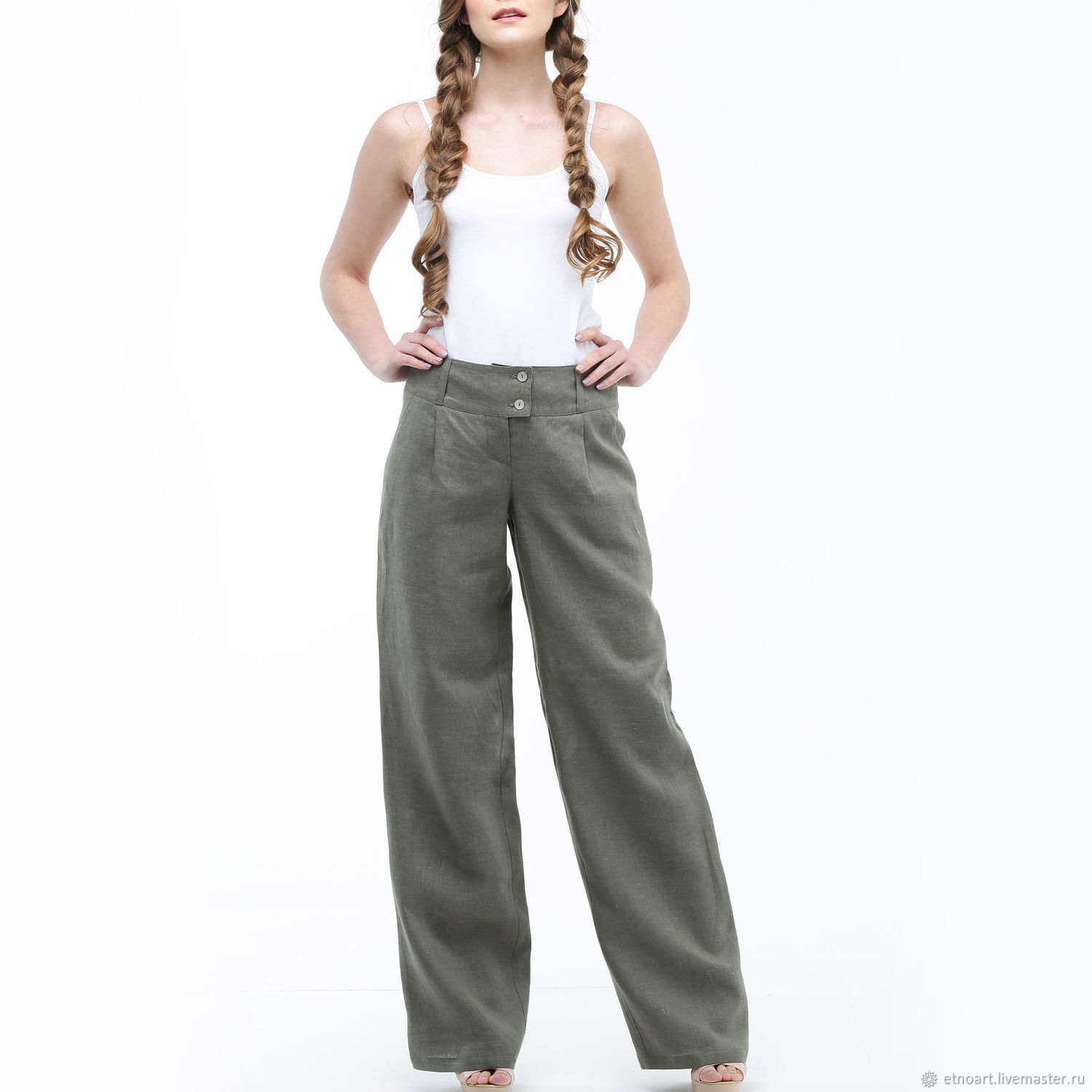 Широкие брюки из 100% льна купить в интернет-магазине Ярмарка Мастеров поцене 5814 ₽ – KN12GRU
