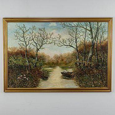 Винтаж ручной работы. Ярмарка Мастеров - ручная работа Винтаж: Старинная картина Пейзаж с лодкой «Тихая заводь». Handmade.