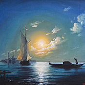 Картины и панно handmade. Livemaster - original item Painting Gondolier on the sea at night, Venice at night, hardboard, oil 40h50. Handmade.