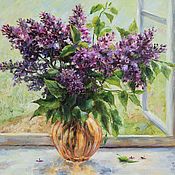 Картины и панно handmade. Livemaster - original item Lilacs on the window. Oil on canvas. 45h50 cm. Handmade.