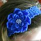 Вязаная повязка на голову "Синяя хризантема". Подарок новорожденному. Kрамелена - Подарки любимым. Ярмарка Мастеров.  Фото №5