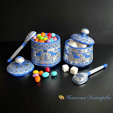 Посуда ручной работы. Ярмарка Мастеров - ручная работа Сахарницы солонки деревянные ручная роспись в стиле Мезенская голубая. Handmade.