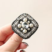 Silk brooch. Embroidered brooch. White brooch with Swarovski crystals