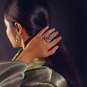 Туркменский комплект колье и кольцо с бирюзовый эмалью