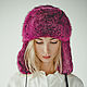 Pink Rabbit fur hat, Hat with ear flaps, Moscow,  Фото №1