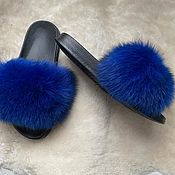 Обувь ручной работы handmade. Livemaster - original item Flip-flops with arctic fox fur blue. Handmade.