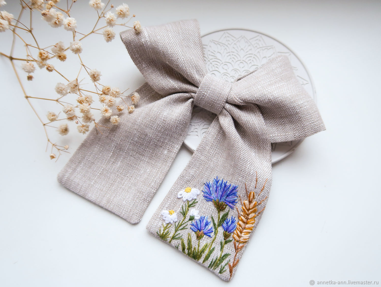 Bow - linen, embroidery Cornflowers, Daisies, Hairpins, Fryazino,  Фото №1