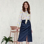 Одежда handmade. Livemaster - original item Midi skirt corduroy Jeans, blue skirt with slit and pockets. Handmade.