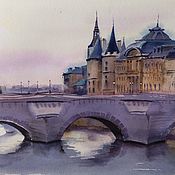 Картины и панно handmade. Livemaster - original item Urban landscape in watercolor Paris Conciergerie (purple beige bridge. Handmade.