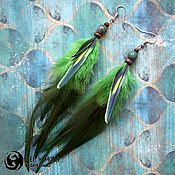 Украшения handmade. Livemaster - original item Green earrings with chalcedony and parrot feathers, 13-14 cm. Handmade.