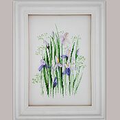 Картины и панно handmade. Livemaster - original item Irises. Embroidered flower pattern: embroidery with threads, ribbons, beads. Handmade.
