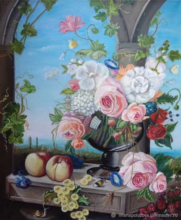 Картина цветы в вазе и фрукты на фоне пейзажа в интернет-магазине Ярмарка  Мастеров по цене 7000 ₽ – SFVZGRU | Картины, Москва - доставка по России