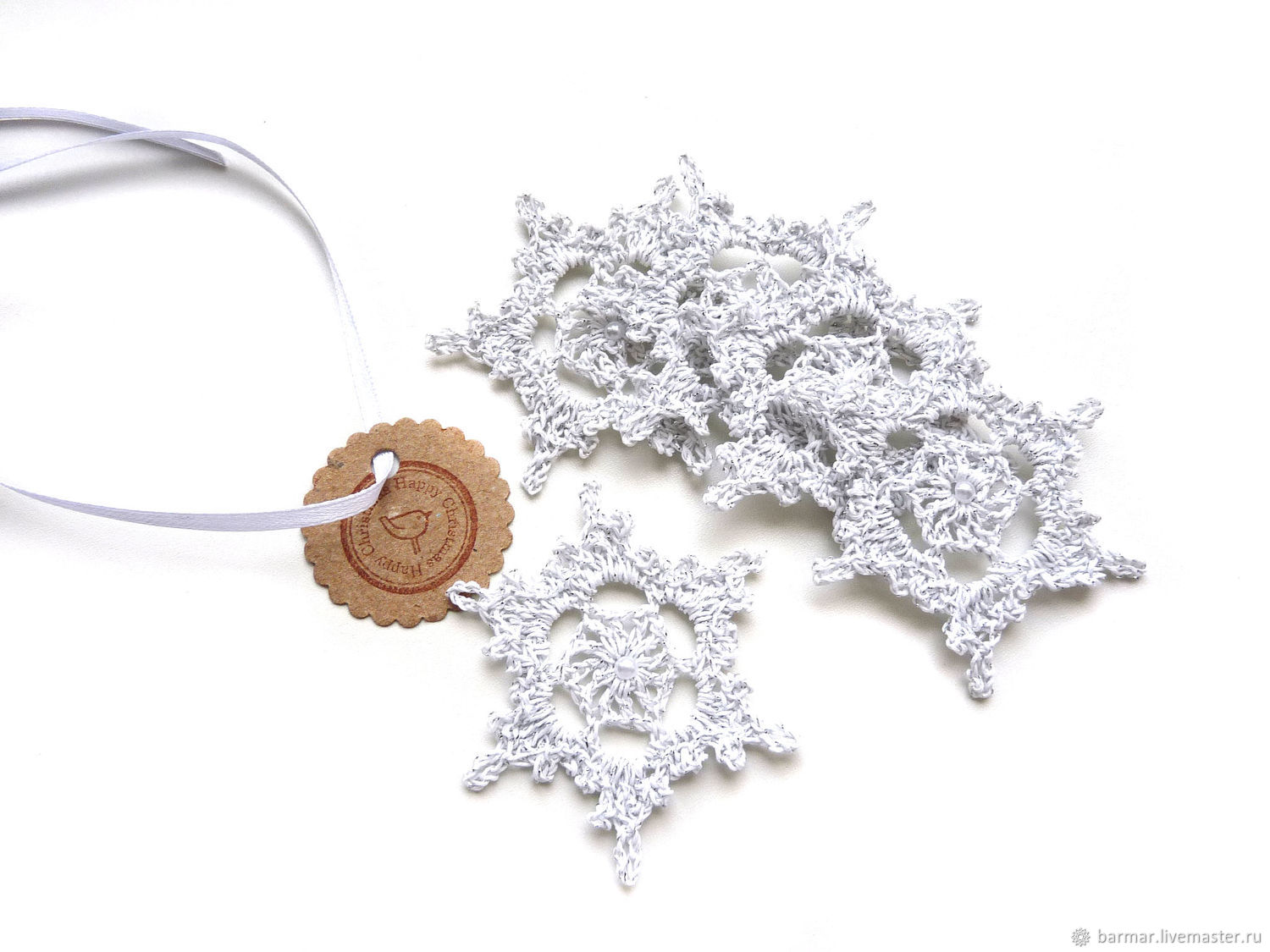 Snowflakes 5 pieces set 6,5 cm Silver Knitted, Christmas decorations, Moscow,  Фото №1