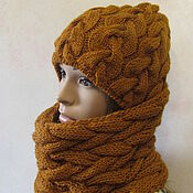 Аксессуары handmade. Livemaster - original item Knitted set - a hat with braids and a snood in mustard color.. Handmade.