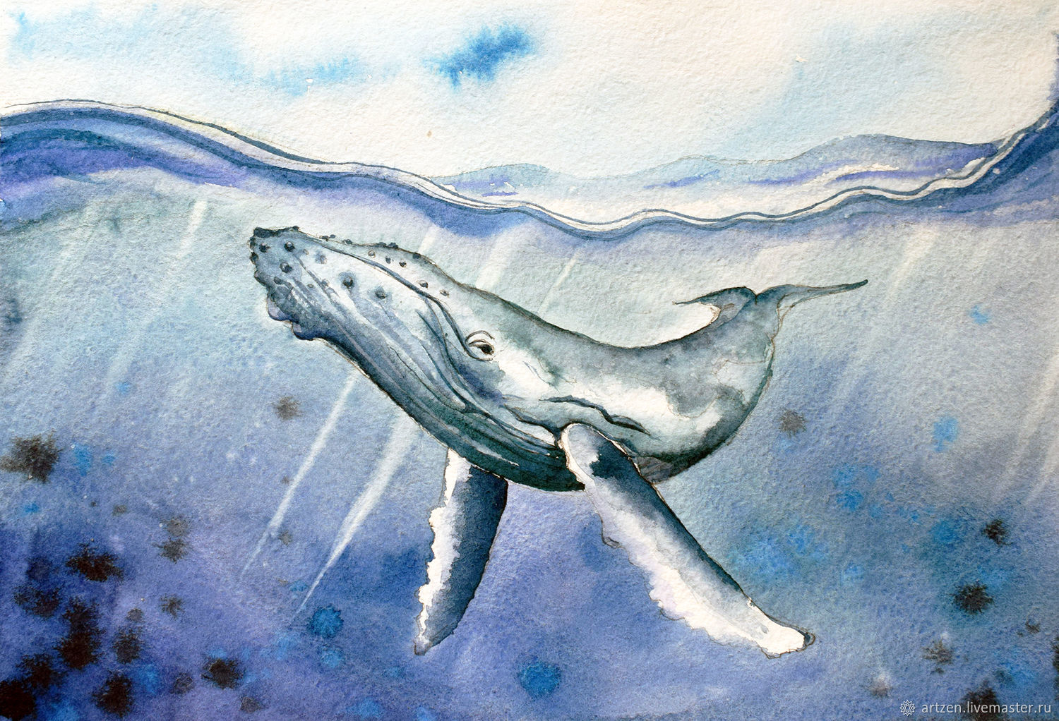 Море кит акварель