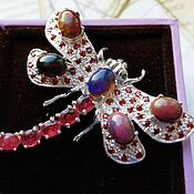 Украшения handmade. Livemaster - original item Burgundy Dragonfly brooch with natural rubies and opals. Handmade.