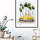 Painting with a yellow car and palm trees with a blue sky on a white background Mosk, Pictures, Moscow,  Фото №1