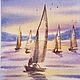 Author's postcard with watercolors with yachts in the sea at sunset seagulls sun, Cards, Moscow,  Фото №1