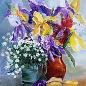 Картины и панно handmade. Livemaster - original item Oil painting Irises and yaskolka. Decorated. Handmade.