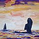 Иллюстрация девушка в море смотрит на кораблик морской пейзаж закат, Картины, Москва,  Фото №1