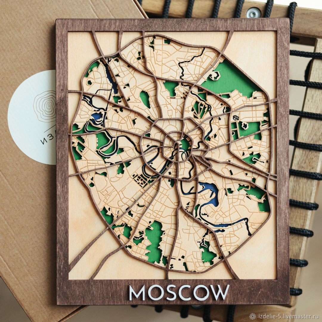 Деревянная карта Москвы из березовой фанеры, размер А4+ (30 х 24 х 1,2 ...
