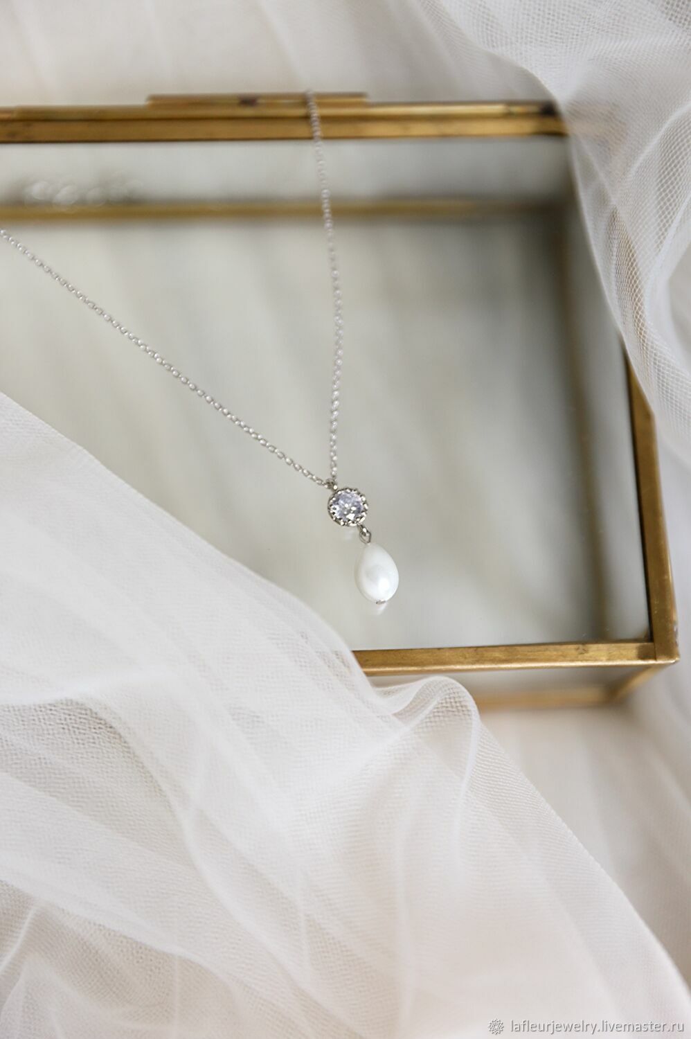 Wedding pendant necklace with cubic zirconia and pearl, Wedding necklace, St. Petersburg,  Фото №1