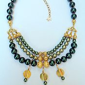 Украшения handmade. Livemaster - original item Multi-row pearl necklace in Oriental style Golden olive.. Handmade.