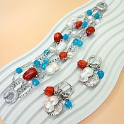 Украшения handmade. Livemaster - original item Bracelet and earrings with pearls, coral and amazonite rhodium. Handmade.