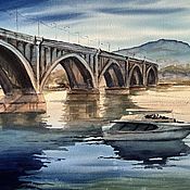 Картины и панно handmade. Livemaster - original item Cityscape with a white boat watercolor painting Krasnoyarsk bridge. Handmade.