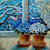 Картины и панно handmade. Livemaster - original item Painting Violets on the window Oil 20H20 Winter Landscape Flowers. Handmade.