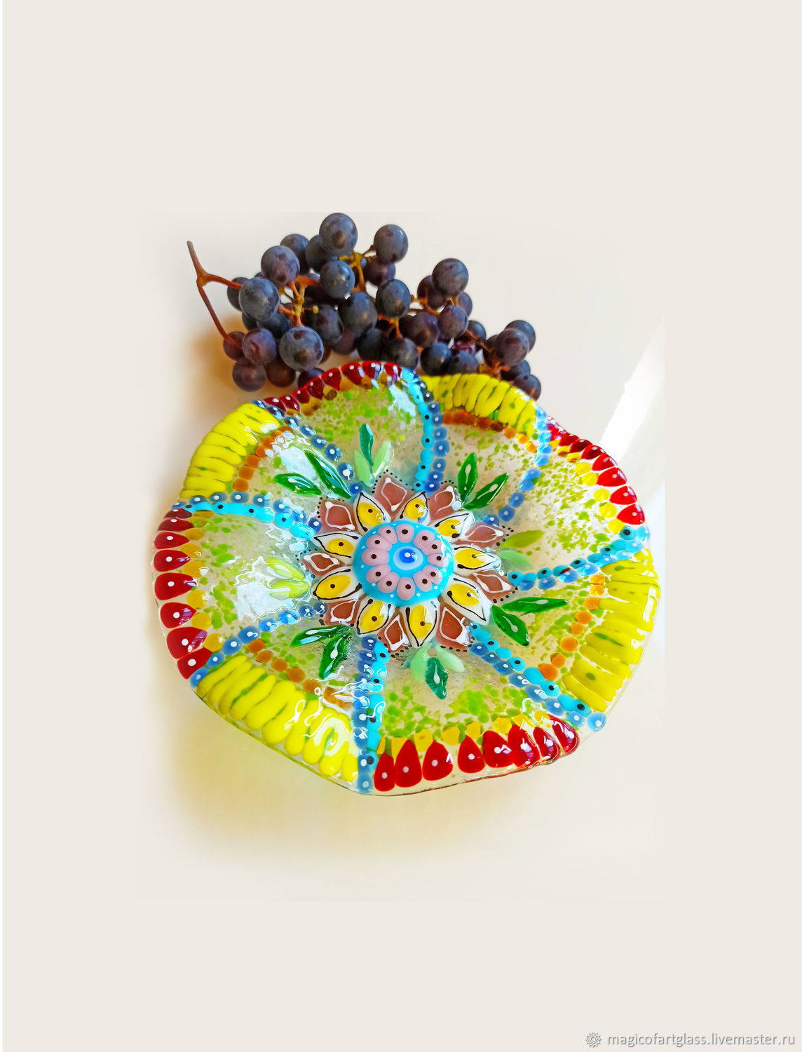 Сoloured Fused glass plate - Indian pattern - Glass dish - flowers - H, Plates, Khabarovsk,  Фото №1