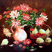 Картина маслом с цветами в прозрачной вазе