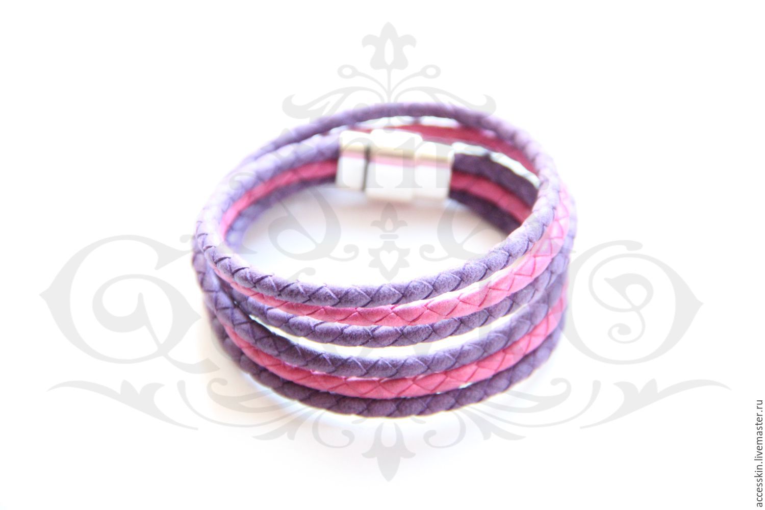 Кожаный браслет намотка из плетеной кожи фиолетово-розовый