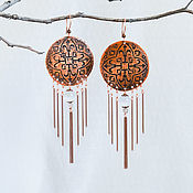 Украшения handmade. Livemaster - original item Copper round earrings with rose quartz Long boho pattern earrings. Handmade.