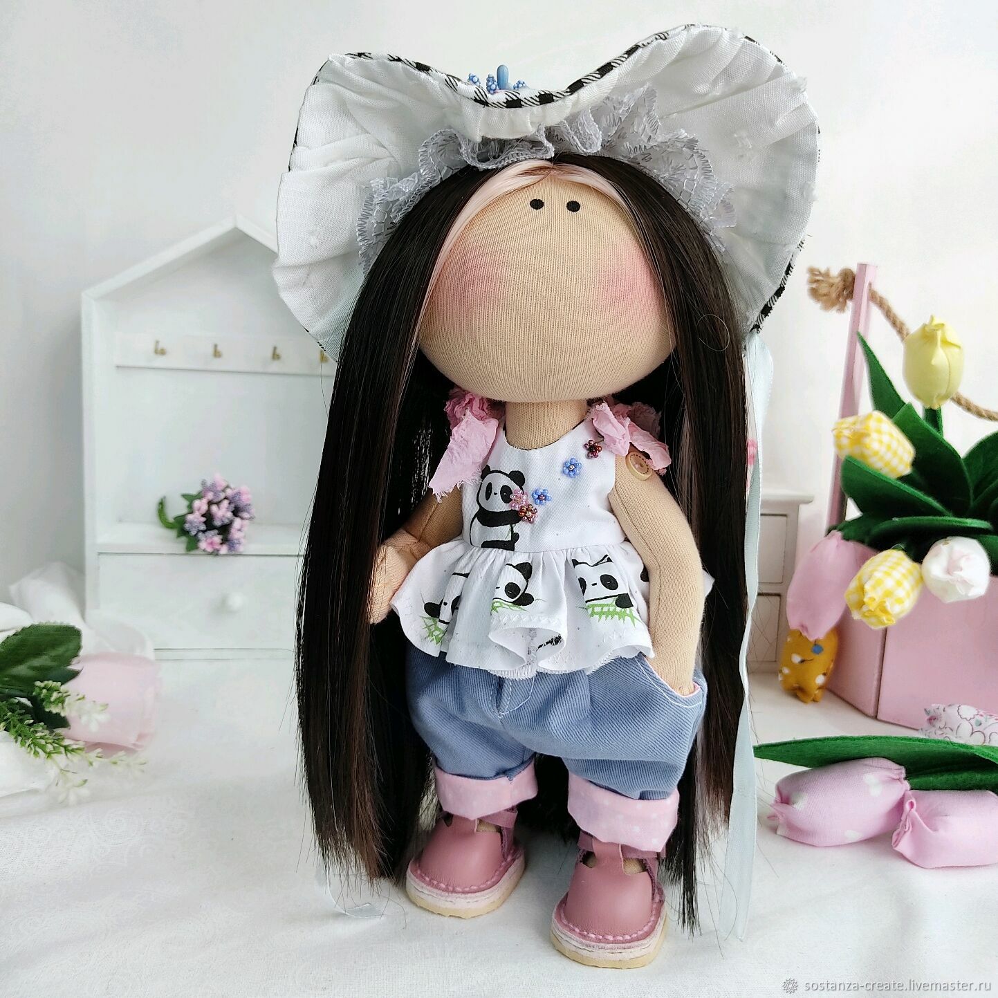 Интерьерная кукла в джинсах, Панда текстильная кукла с набором одежды, Интерьерная кукла, Шахты,  Фото №1