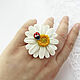 Order Chamomile with Ladybug Ring Massive Ring with white flower. Bionika - Polymer Clay Jewelry (Bionika). Livemaster. . Rings Фото №3