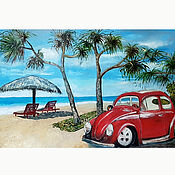 Картины и панно handmade. Livemaster - original item Painting the Seashore, red car.. Handmade.