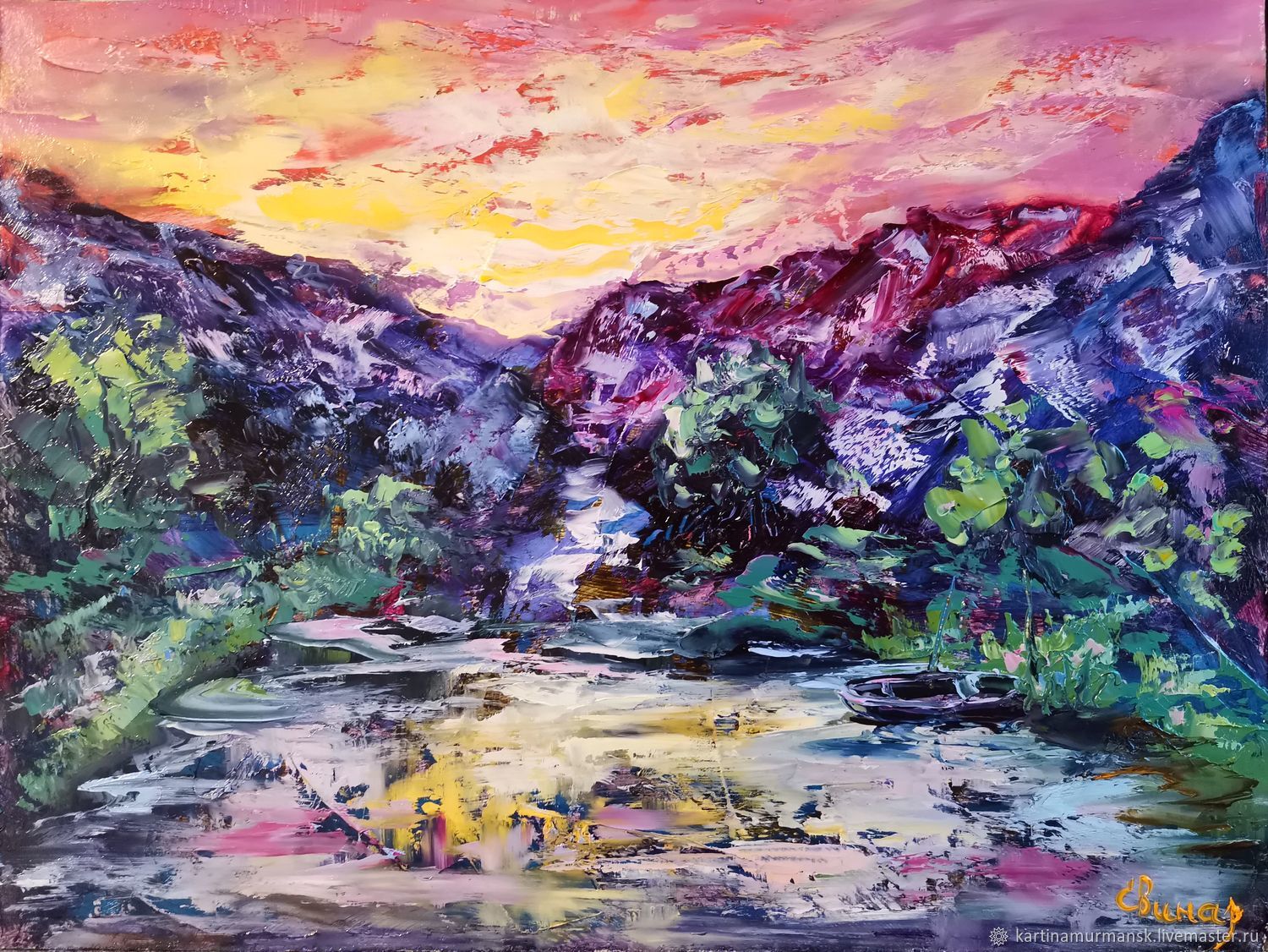 Painting mountain landscape sunset 'Waterfall Energy', Pictures, Murmansk,  Фото №1