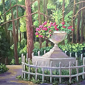 Landscape the front Garden with hollyhocks. Watercolor painting