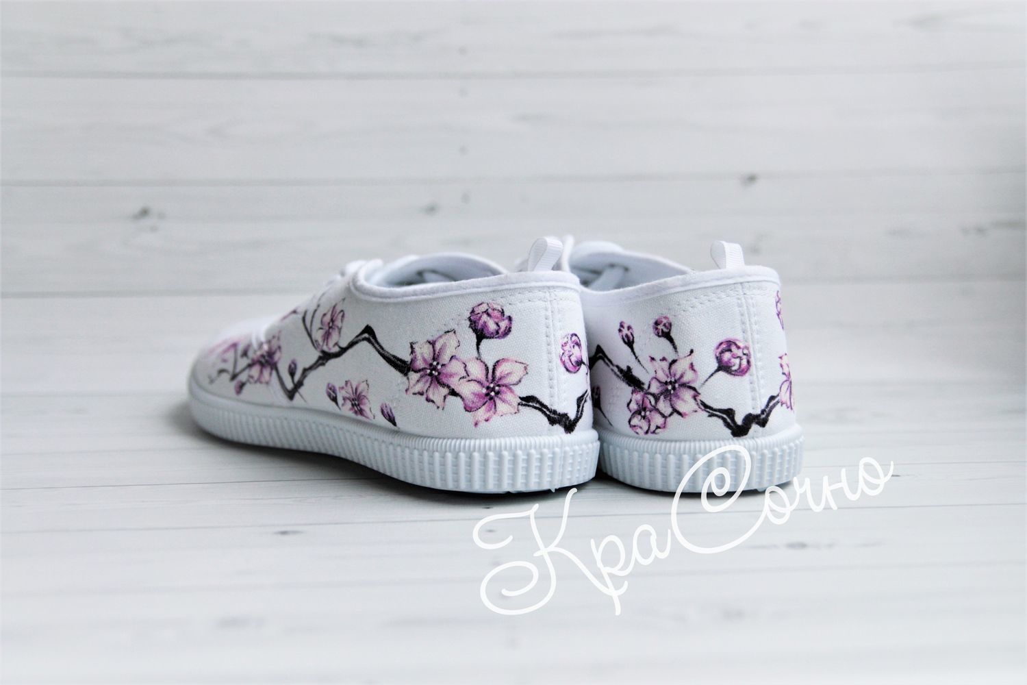Sneakers painted shoes with a pattern of 'Sakura', Training shoes, Krasnodar,  Фото №1