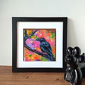 Картины и панно handmade. Livemaster - original item The picture of the Raven and spring! oil, cardboard 15*15 cm.. Handmade.