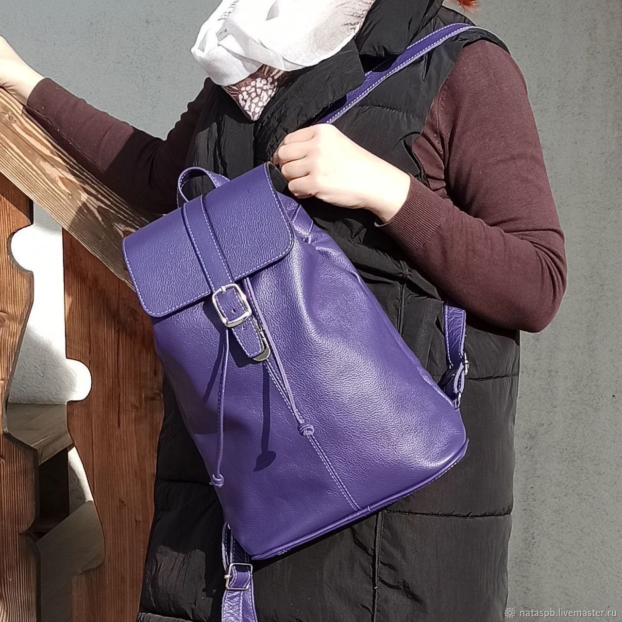 purple backpack leather