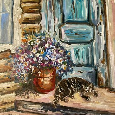 Картины и панно ручной работы. Ярмарка Мастеров - ручная работа Картина маслом На крыльце. Handmade.