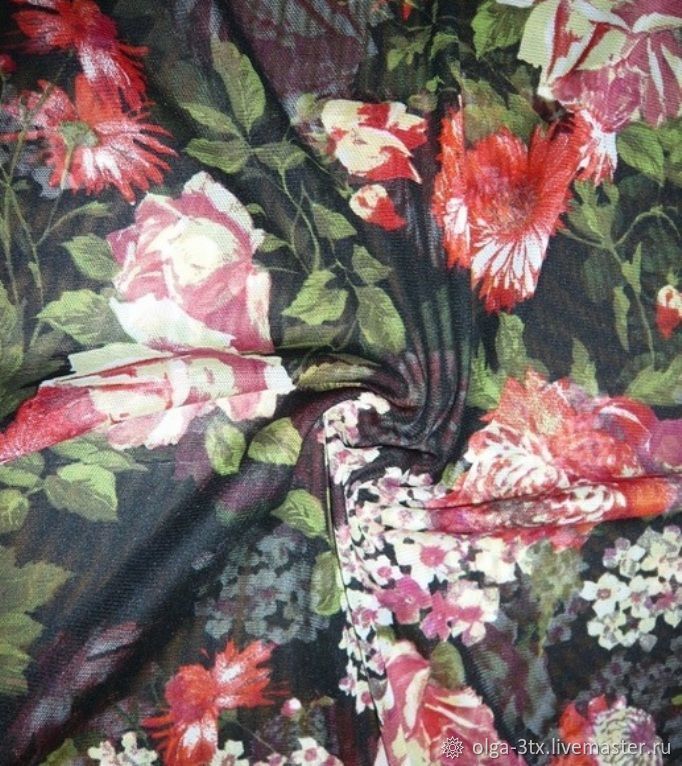Fine mesh fabric in black, print — flowers, Fabric, Ramenskoye,  Фото №1