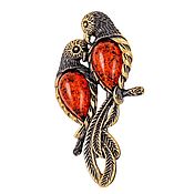 Украшения handmade. Livemaster - original item Brooch Red Parrots Amber Gold color Brass. Handmade.