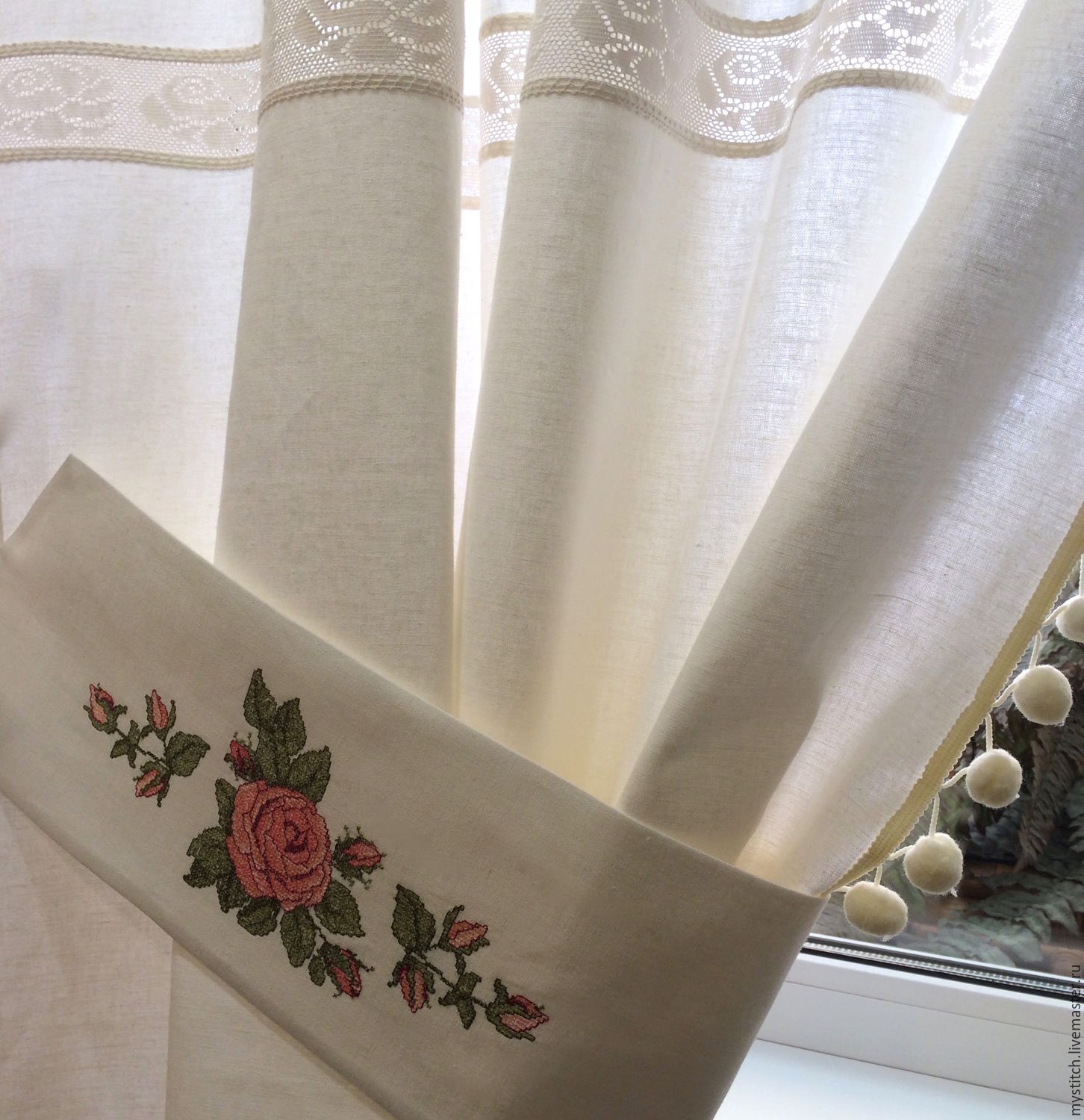 Готовая штора тюль микросетка с рисунком вышивкой 0100GL-4.214 (505х270 см) бежевый на белом